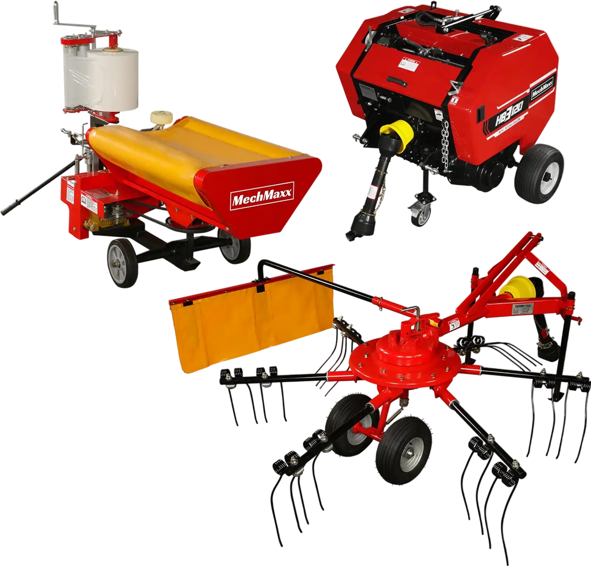 MechMaxx HB3120, HW20, HT100 Hay Equipment Bundles Hay Baler Hay Wrapper Hay Rake Tedder Bundle New