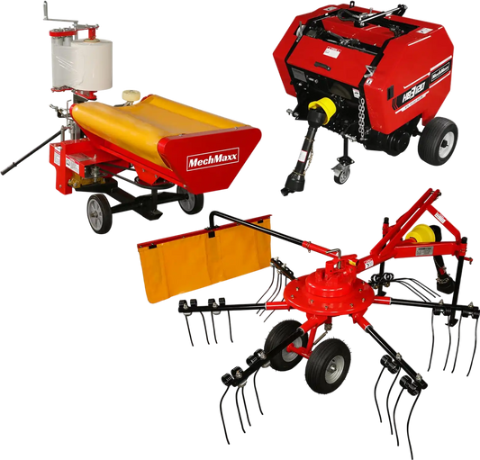 MechMaxx HB3120, HW20, HT100 Hay Equipment Bundles Hay Baler Hay Wrapper Hay Rake Tedder Bundle New
