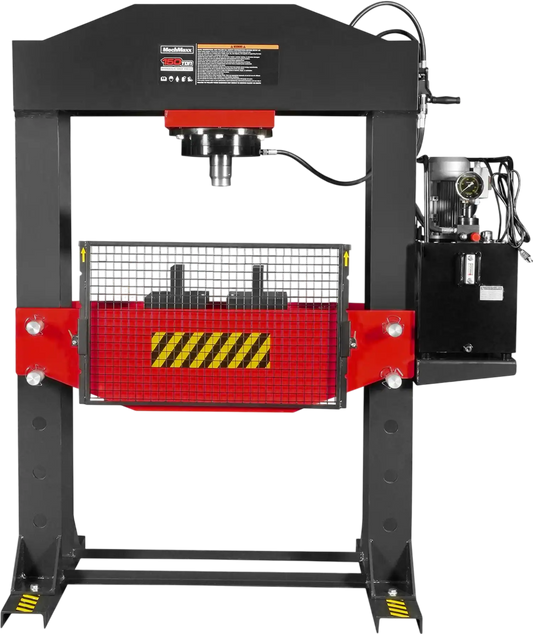 MechMaxx HSP150E Hydraulic Shop Press 150 Ton H-Frame Electric Double-Acting Cylinder Chain-Driven Table Lift 110V Motor Safety Guard New