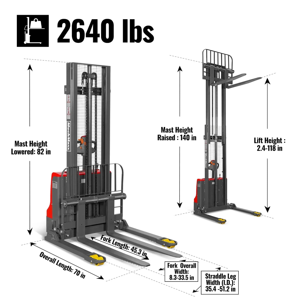 MechMaxx F26-118SLA Stacker 2640 lbs Electric Straddle 118" Lift Adjustable Legs Forks New