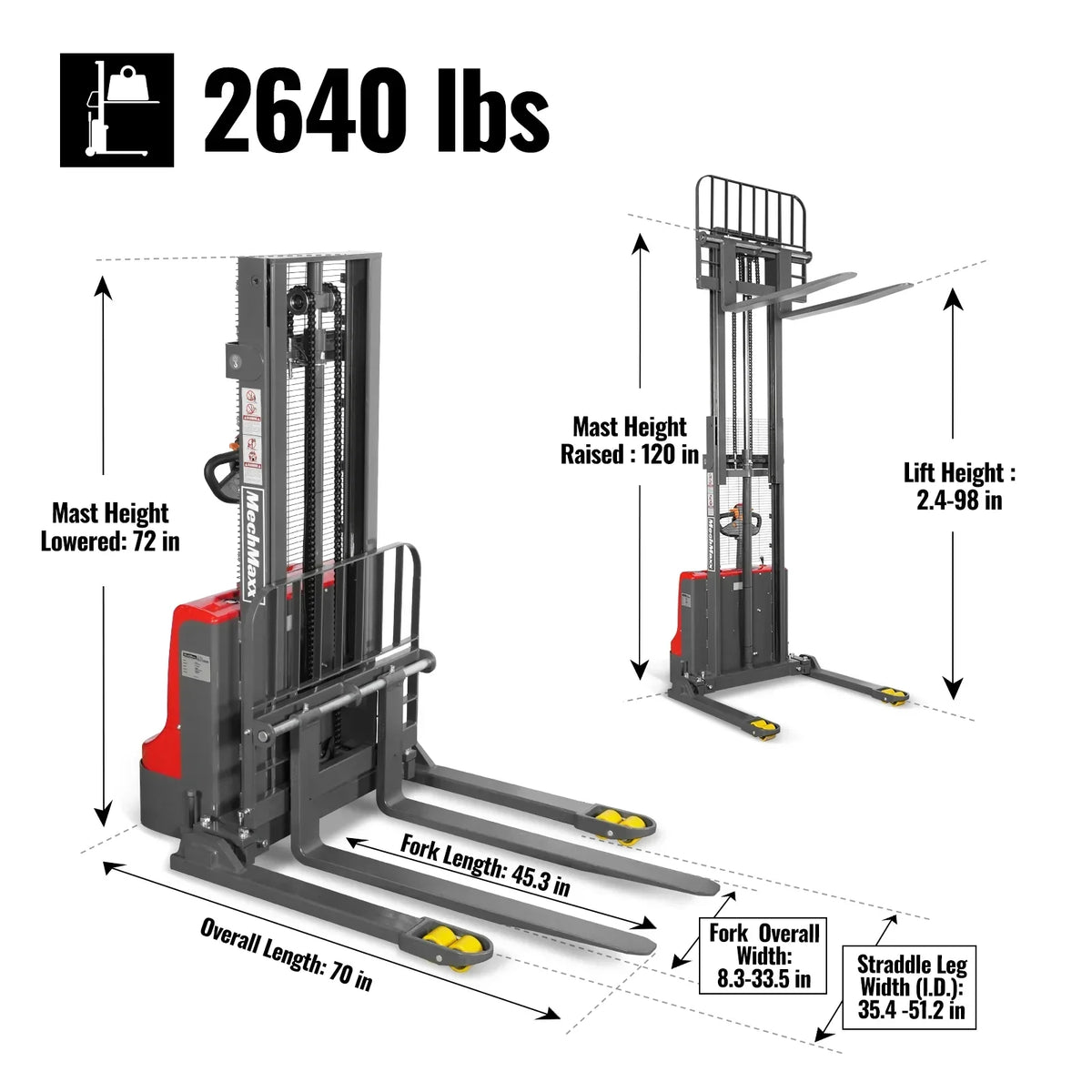 MechMaxx F26-98SLA Stacker 2640 lbs Electric Straddle 98" Lift Adjustable Legs Forks New