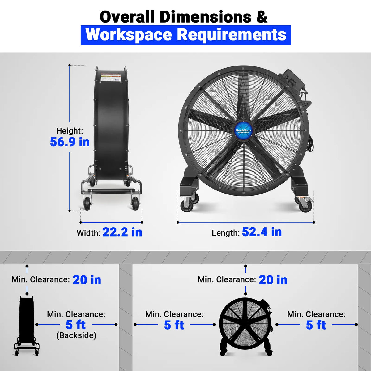 MechMaxx MF-47 Industrial Fan 47" Portable Variable Speed High-Efficiency PMSM Motor Mobile High Volume Floor Fan for Warehouse Workshop Gym New