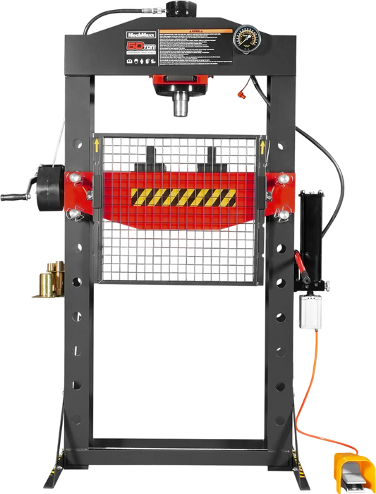 MechMaxx HSP50 Hydraulic Shop Press 50 Ton H-Frame Air/Hydraulic with Hand Winch Press Pin Kit Safety Guard Foot Pedal Control New