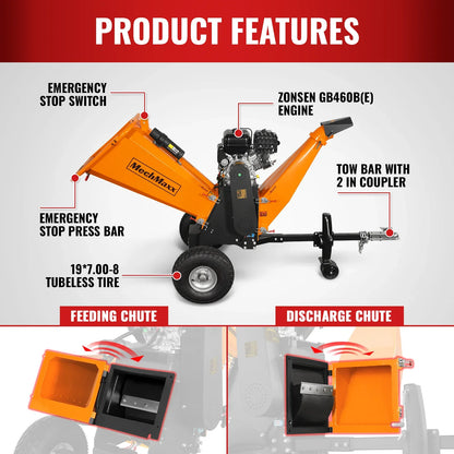 MechMaxx P4206 Wood Chipper 6" Electric Start ZONSEN 420cc 13.4 HP Gasoline Engine Powered Drum New
