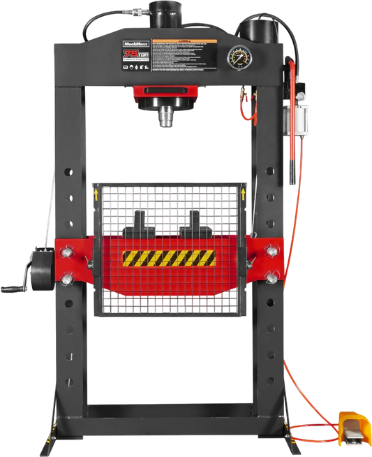 MechMaxx HSP75 Hydraulic Shop Press 75 Ton H-Frame Air/Hydraulic with Hand Winch Safety Guard Foot Pedal Control New