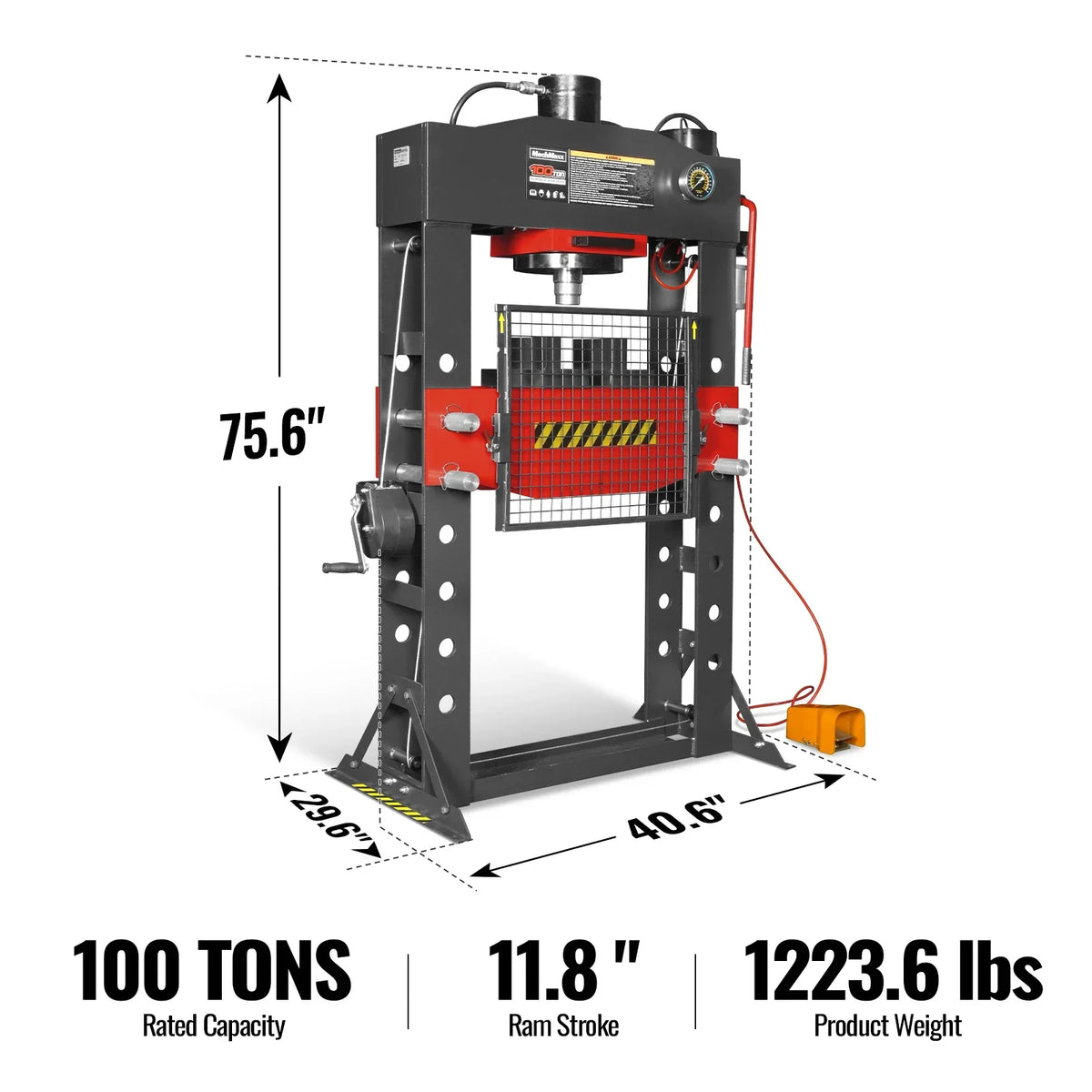 MechMaxx HSP100 Hydraulic Shop Press 100 Ton H-Frame Air/Hydraulic Hand Winch Foot Pedal Safety Guard Fully Welded Steel Frame New