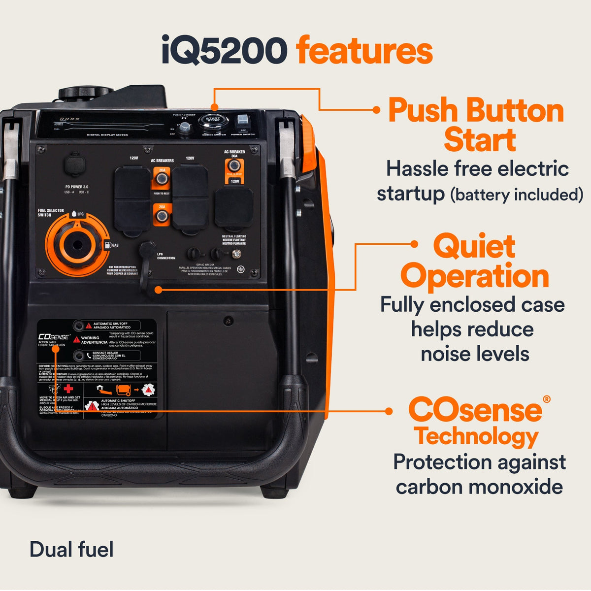 Generac iQ5200 DF 8947 3900W/5200W Generator Dual Fuel Gas Propane Low THD Inverter COSense Electric Start