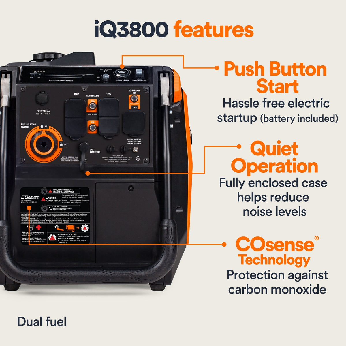 Generac iQ3800 DF 8944 3000W/3800W Generator Dual Fuel Gas Propane Low THD Inverter COSense Electric Start
