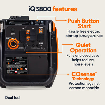 Generac iQ3800 DF 8946 3000W/3800W Generator Dual Fuel Gas Propane Low THD Inverter CO Sense Electric Start CARB