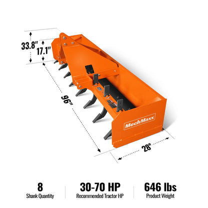 MechMaxx BB96 Box Blade Scraper 96" 8 Shank 3 Point Hitch Tractor Attachment New