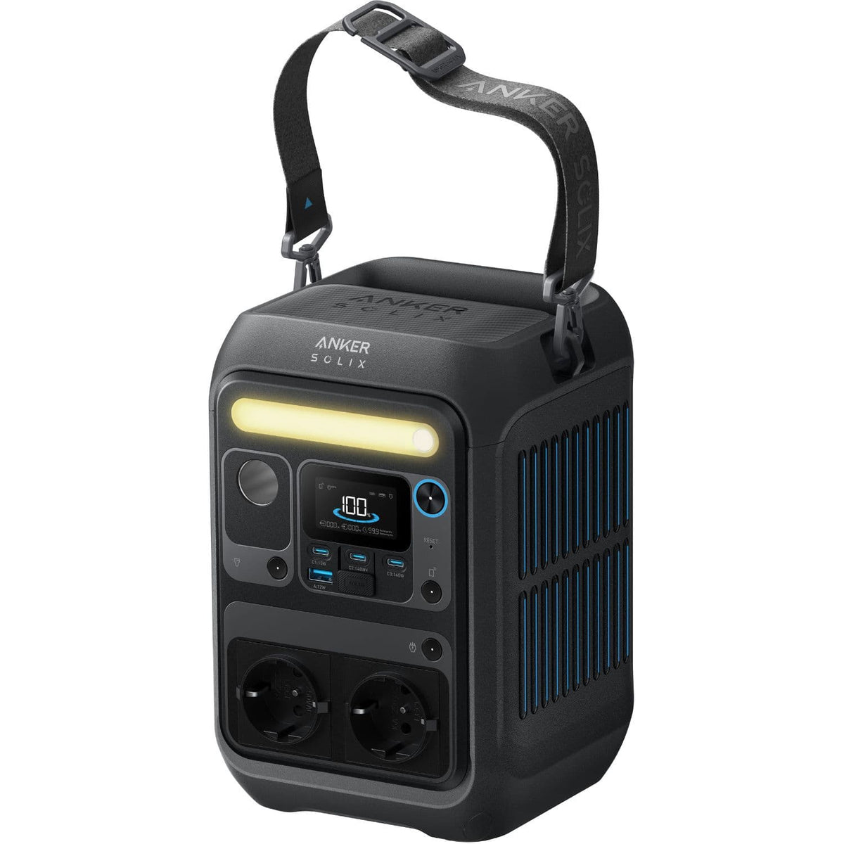 Anker SOLIX C300X Portable Power Station Front And Right View With Shoulder Strap