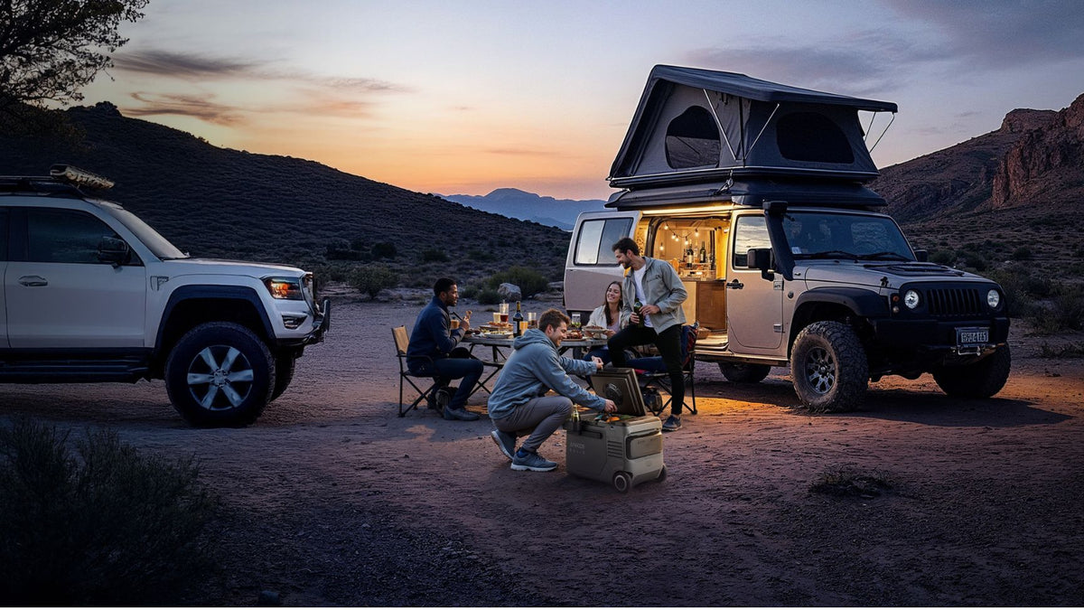 Anker SOLIX EverFrost 2 Electric Cooler 40L beside a camping van with four people