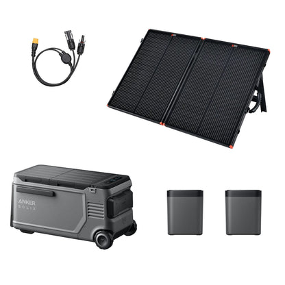 Anker SOLIX EverFrost 2 Electric Cooler 58L with two removable batteries, PS100 solar panel, and MC4 to XT60 cable