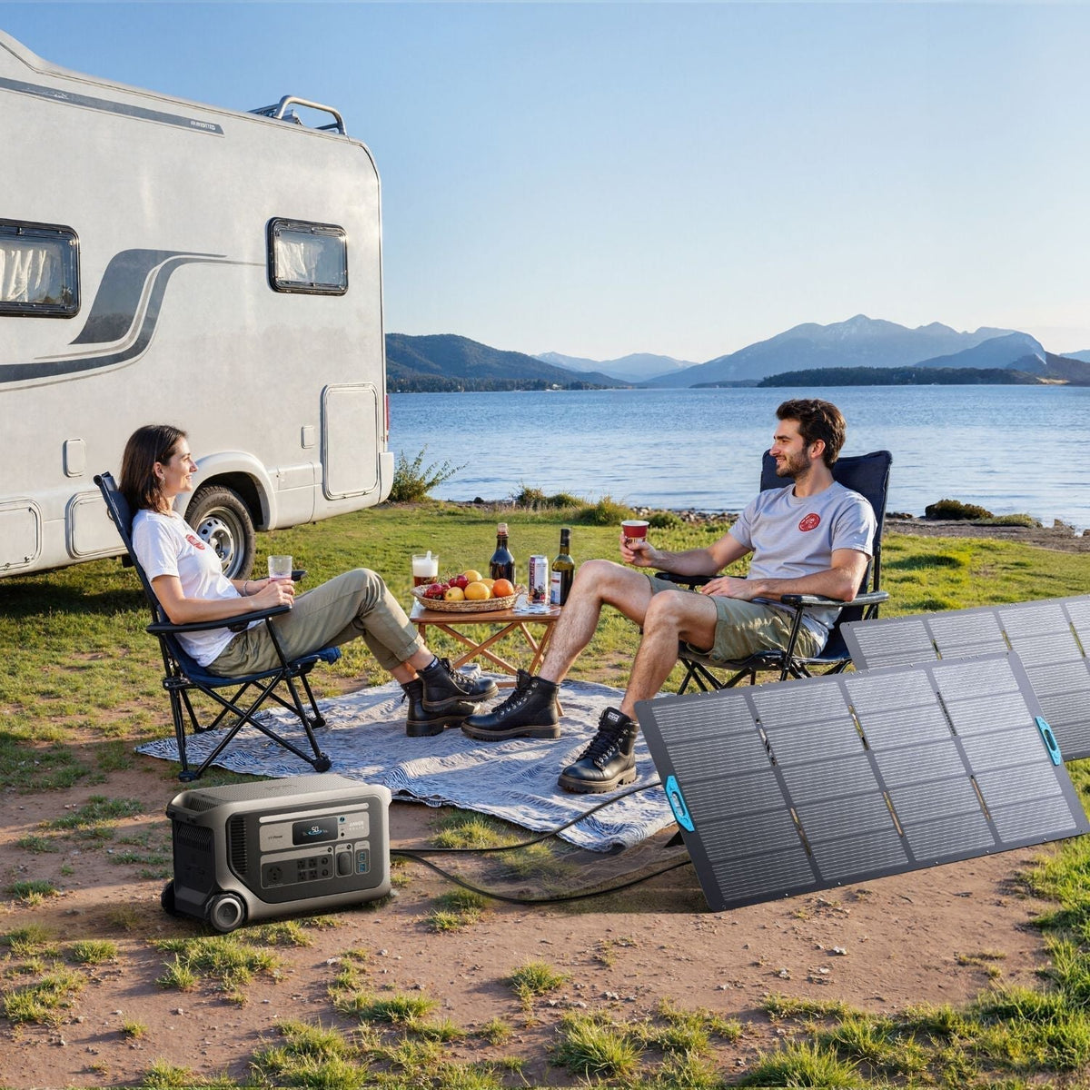 Anker SOLIX F3000 Portable Power Station charging via solar panel while two people enjoy drinks nearby