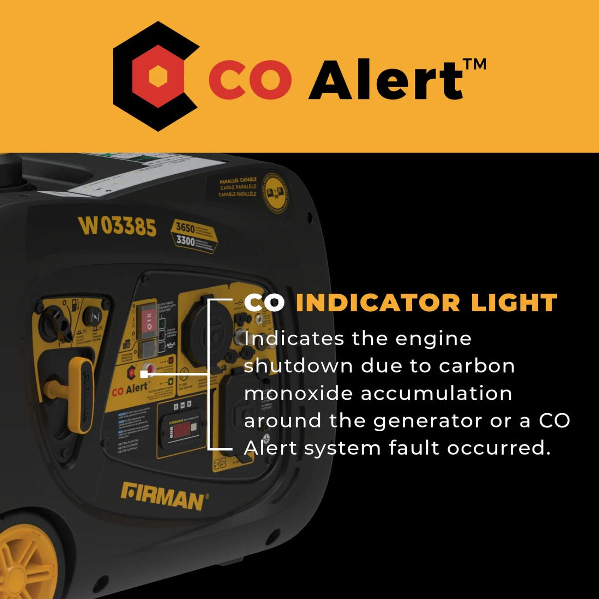 Anker SOLIX F3000 with the Firman W03385 - Premium Kit  with CO Alert indicator light on a yellow and black background
