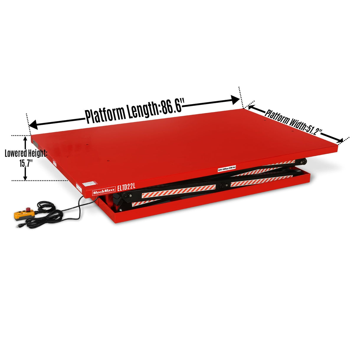 MechMaxx ELTD22L Lift Table 2200 lbs Capacity Stationary Powered Hydraulic Double Scissor 86.6" x 51.2" Platform 94.5" Lift Height UL Certified Motor New