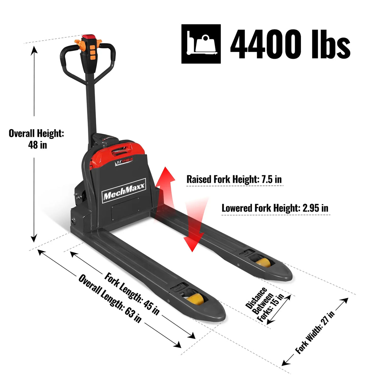 MechMaxx LPT44 Pallet Jack 4400 lbs Lithium-ion Electric 45x27" Fork 48V 30Ah Removable Battery Walkie Type New