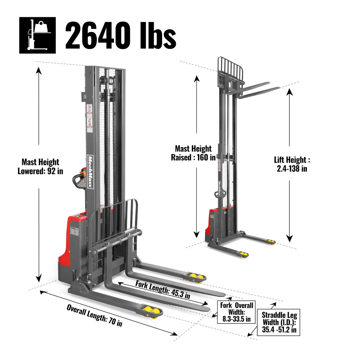 MechMaxx F26-138S Stacker 2640 lbs Lithium-ion Electric Straddle 138" Lift Adjustable Legs & Forks New