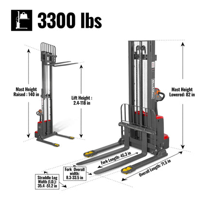 MechMaxx F33-118SLA Stacker 3300 lbs Electric Straddle 118" Lift Adjustable Legs Forks New