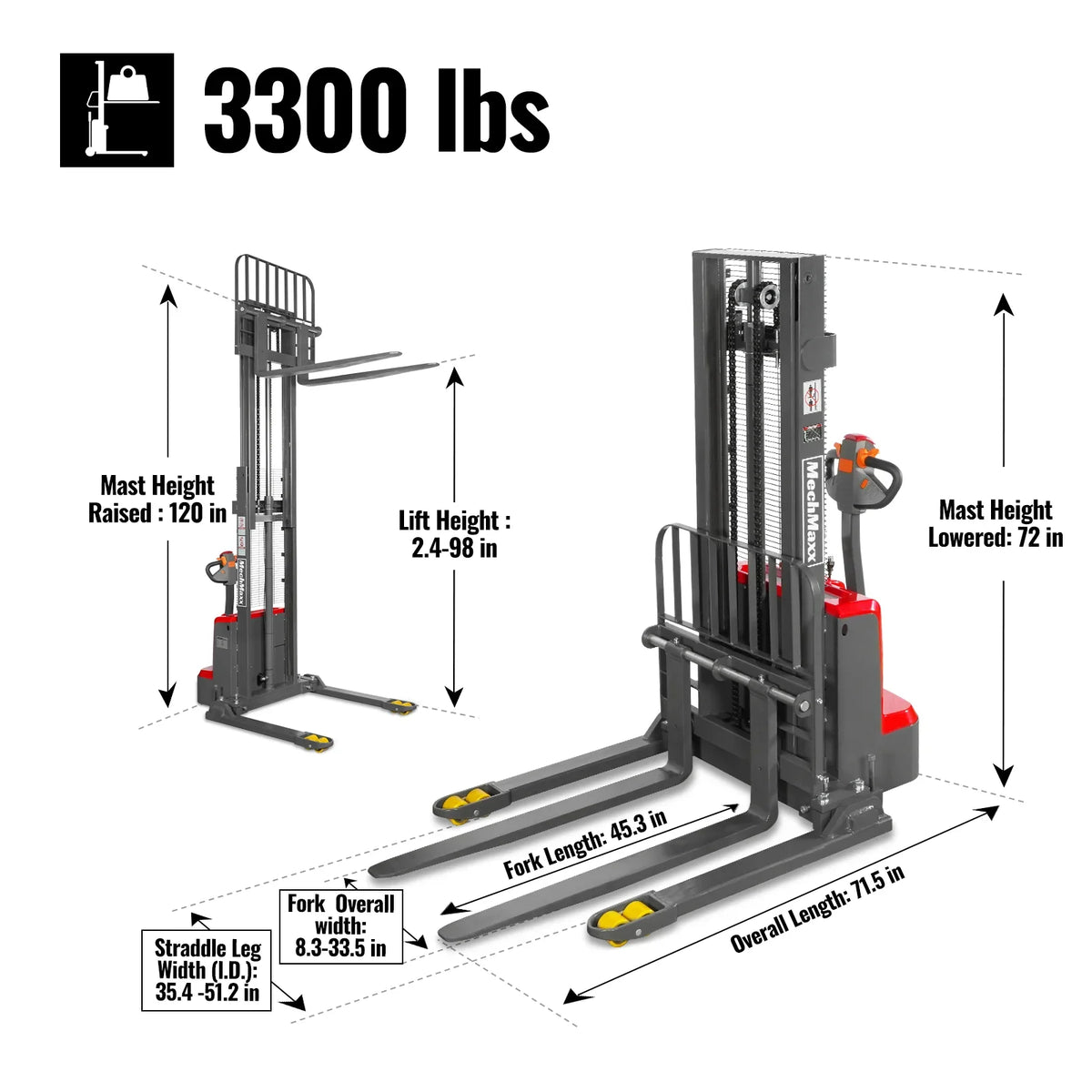 MechMaxx F33-98SLA Stacker 3300 lbs Electric Straddle 98" Lift Adjustable Legs Forks New