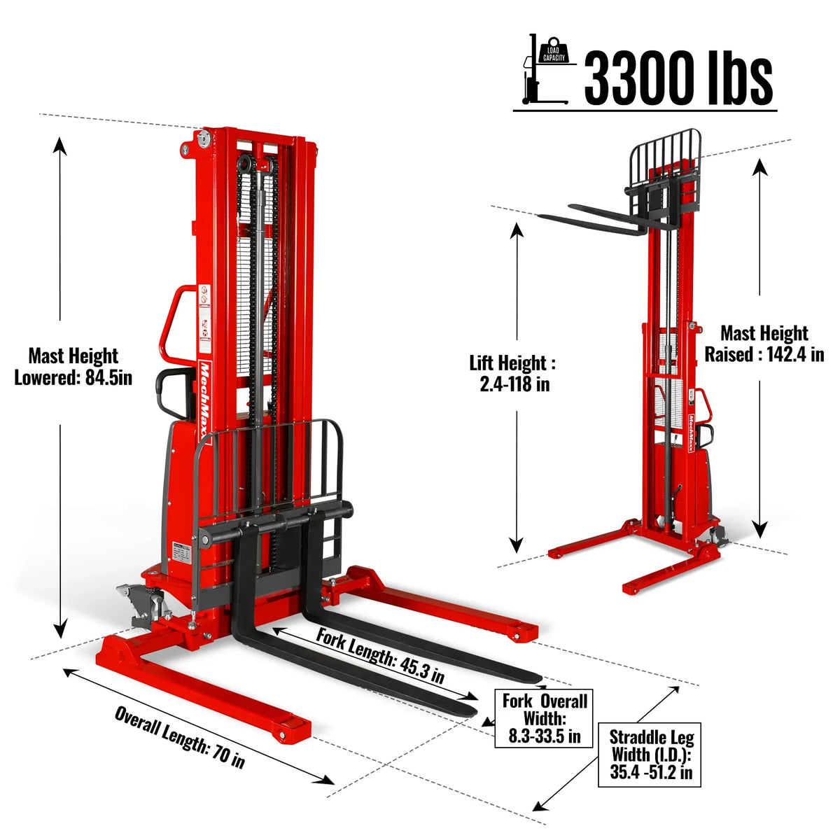 MechMaxx S33-118S Stacker 3300lbs Semi-Electric Straddle 118" Lift Adjustable Legs & Forks New