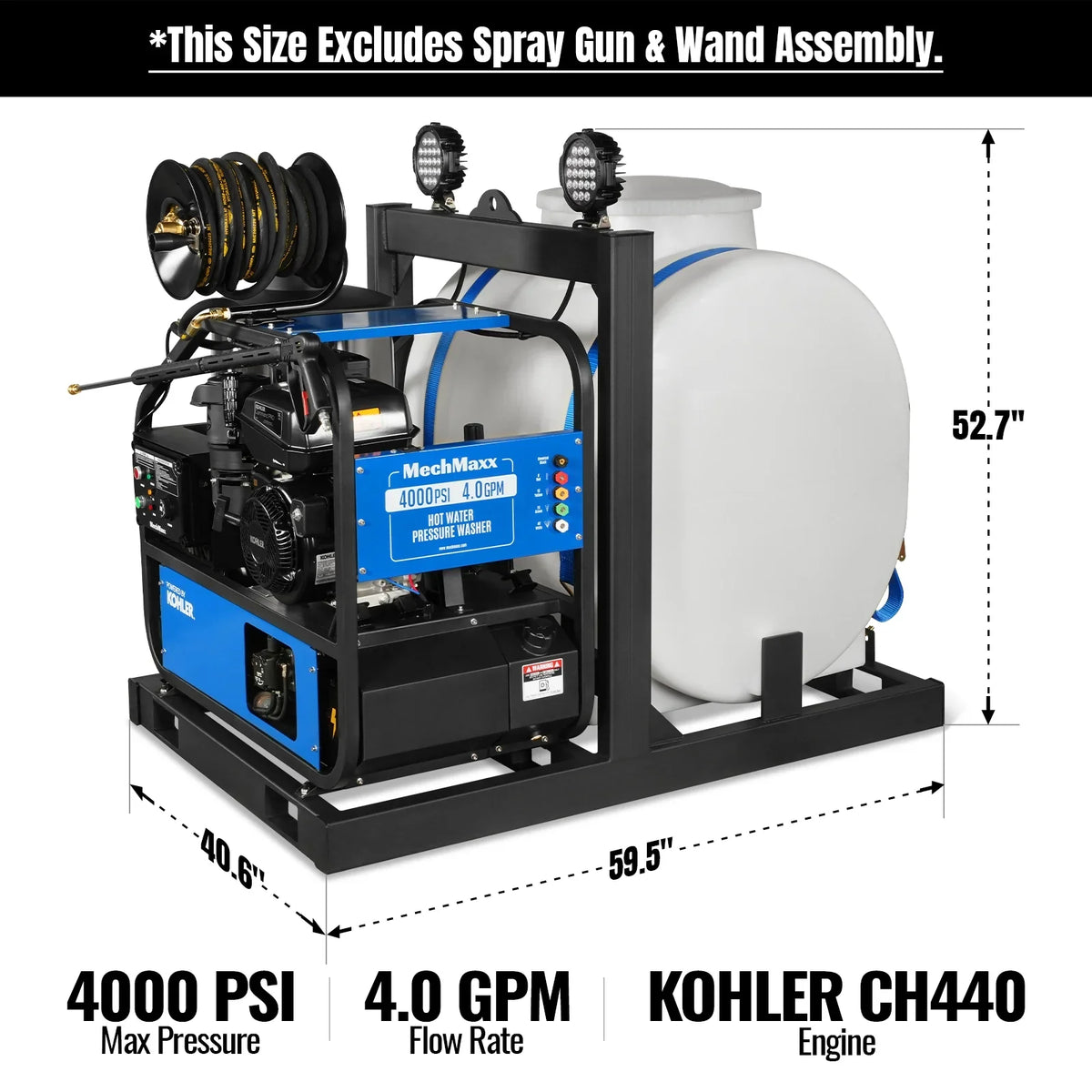 MechMaxx HPW40KT Pressure Washer 4000 PSI 4 GPM KOHLER Electric Start Engine Hot Water Skid Mounted with 175 Gal Tank New