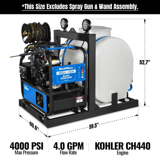 MechMaxx HPW40KT Pressure Washer 4000 PSI 4 GPM KOHLER Electric Start Engine Hot Water Skid Mounted with 175 Gal Tank New