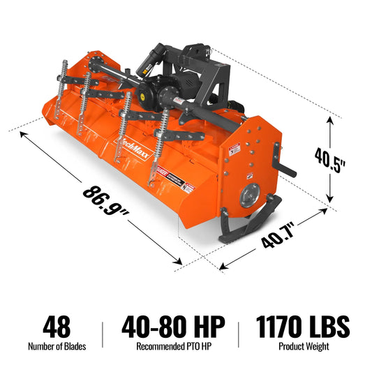 MechMaxx HRT80 Rotary Tiller 80" Heavy Duty 3 Point Hitch Cat.2 Gear Drive PTO Shaft Included Slip Clutch 40-80 HP New