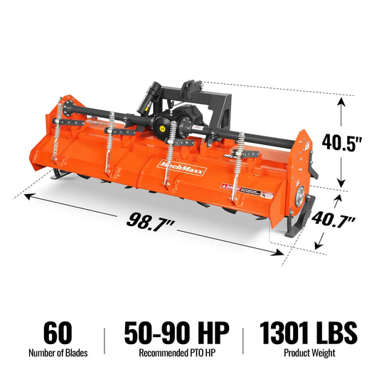 MechMaxx HRT90 Rotary Tiller 90" Heavy Duty 3 Point Hitch Cat.2 Gear Drive PTO Shaft Included Slip Clutch 50-90 HP New