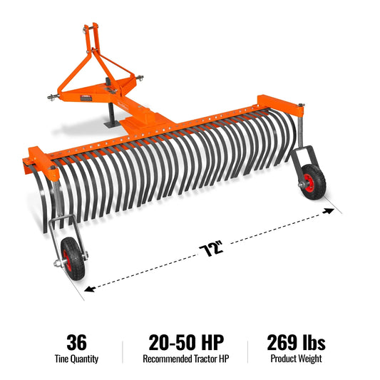 MechMaxx LR72W Landscape Rake 72" Bolt-On Wheels 36 Tines 3 Point Hitch Tractor Attachment New