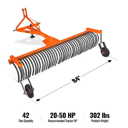 MechMaxx LR84W Landscape Rake 84" Bolt-On Wheels 42 Tines 3 Point Hitch Tractor Attachment New