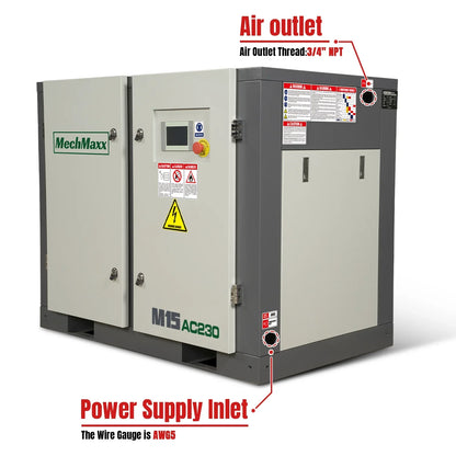 MechMaxx M15AC230 Air Compressor 15HP Rotary Screw 45 CFM 116 PSI 230V 3-Phase Industrial-Grade New