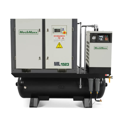 MechMaxx ML15 Air Compressor 15HP Rotary Screw with Dryer 105-Gal ASME Tank 45 CFM 116 PSI 230V 3-Phase Industrial Grade New