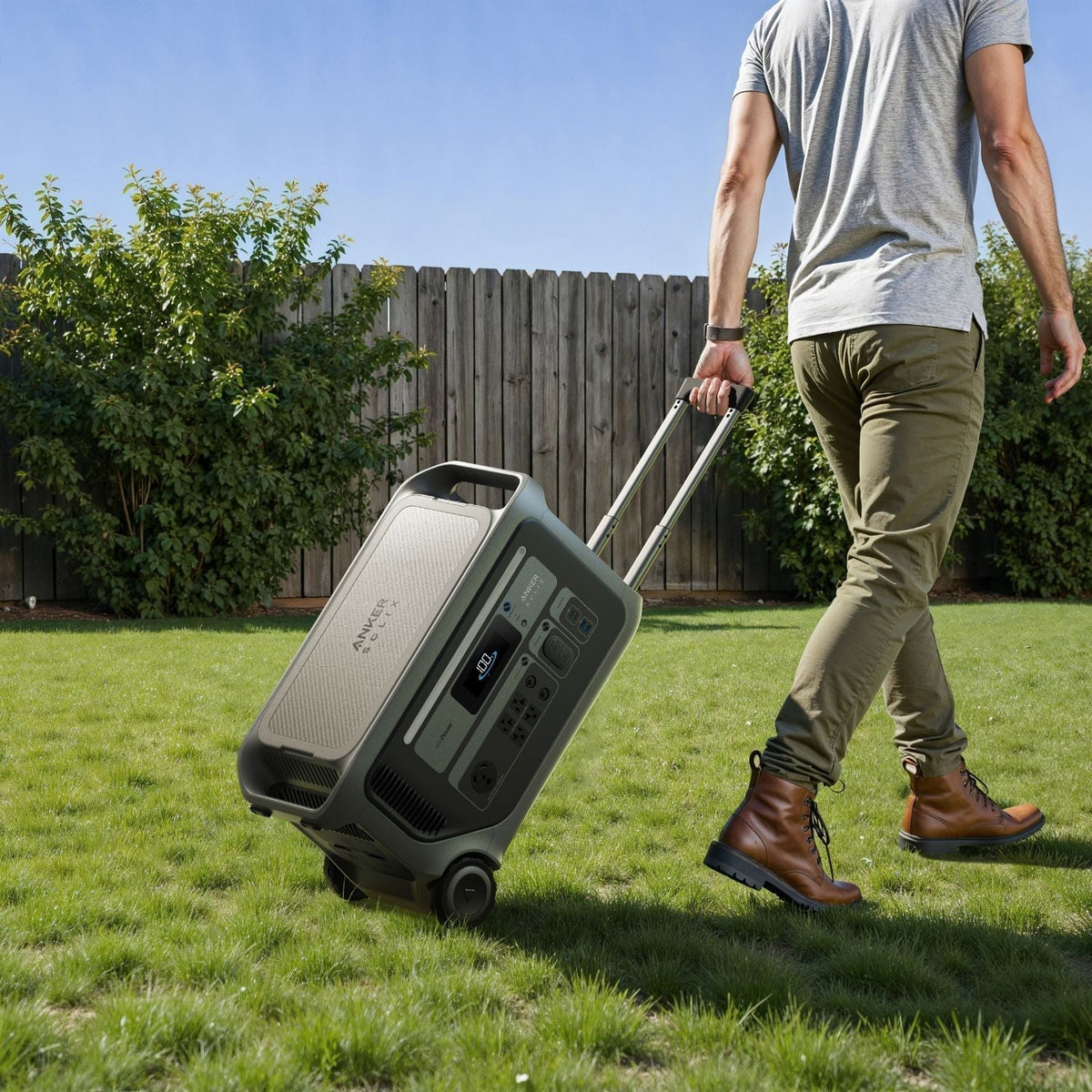 Man pulling the Anker SOLIX F3000 Portable Power Station using its handle