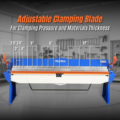 MechMaxx PB10012 Sheet Metal Brake 100" Manual 12 Gauge Adjustable Fingers 8' Heavy-Duty Steel Box and Pan New