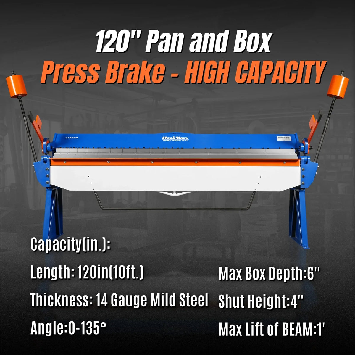 MechMaxx PB12014 Sheet Metal Brake 120" Manual 14 Gauge Box and Pan Adjustable Fingers Heavy-Duty Steel New