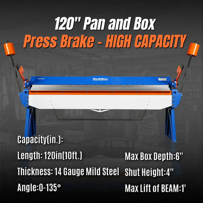 MechMaxx PB12014 Sheet Metal Brake 120" Manual 14 Gauge Box and Pan Adjustable Fingers Heavy-Duty Steel New