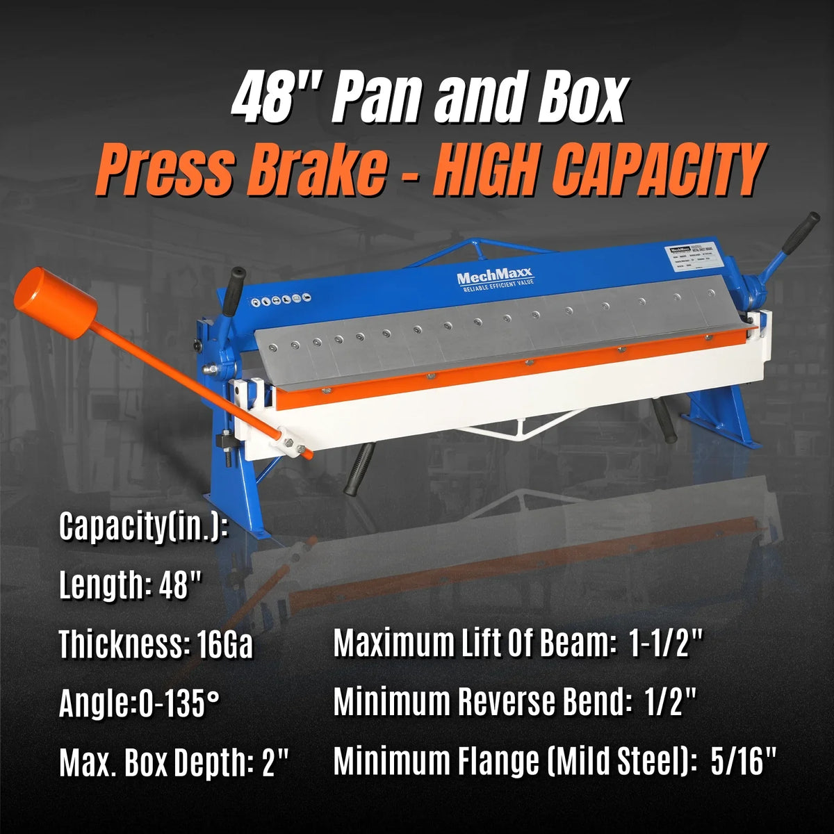 MechMaxx PB4816 Pan and Box Brake 48" Manual 16 Gauge Mild Steel Capacity 135° Bending Angle 16 Precision Fingers New