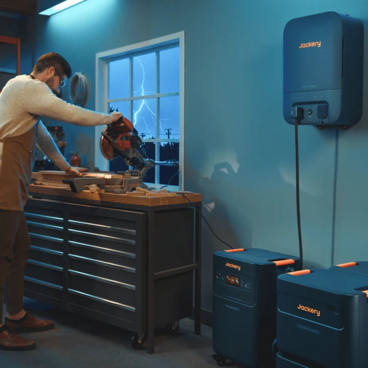 Person using a circular saw in a workshop with Jackery Smart Transfer Switch and a a power station