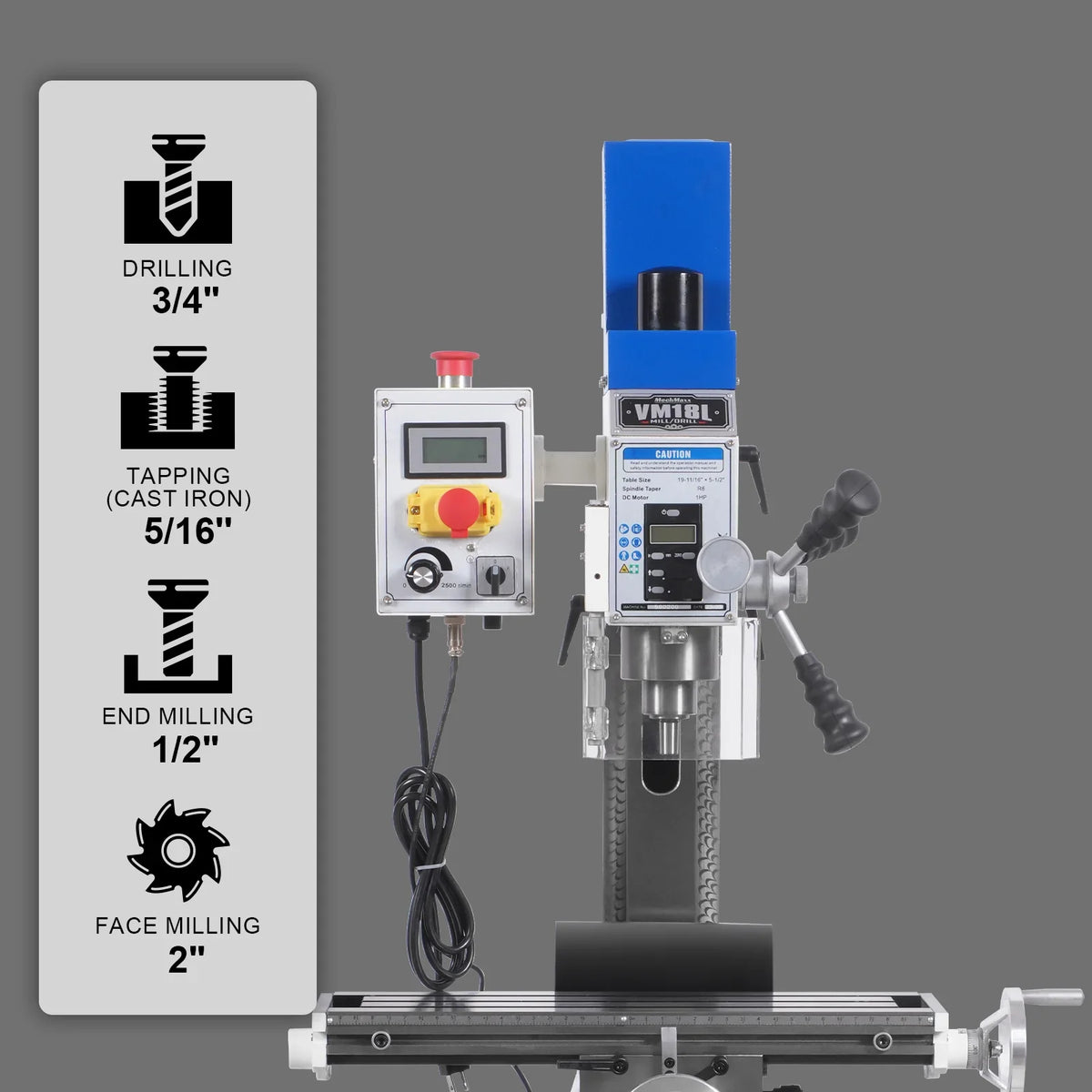 MechMaxx VM18L Mill Drill Machine 6x20" Benchtop Variable Speed R8 Spindle 1 HP 110V Brushless Motor New