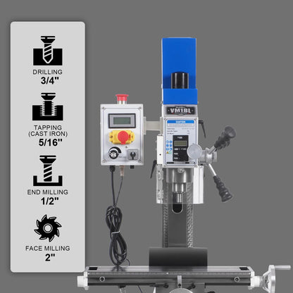 MechMaxx VM18L Mill Drill Machine 6x20" Benchtop Variable Speed R8 Spindle 1 HP 110V Brushless Motor New