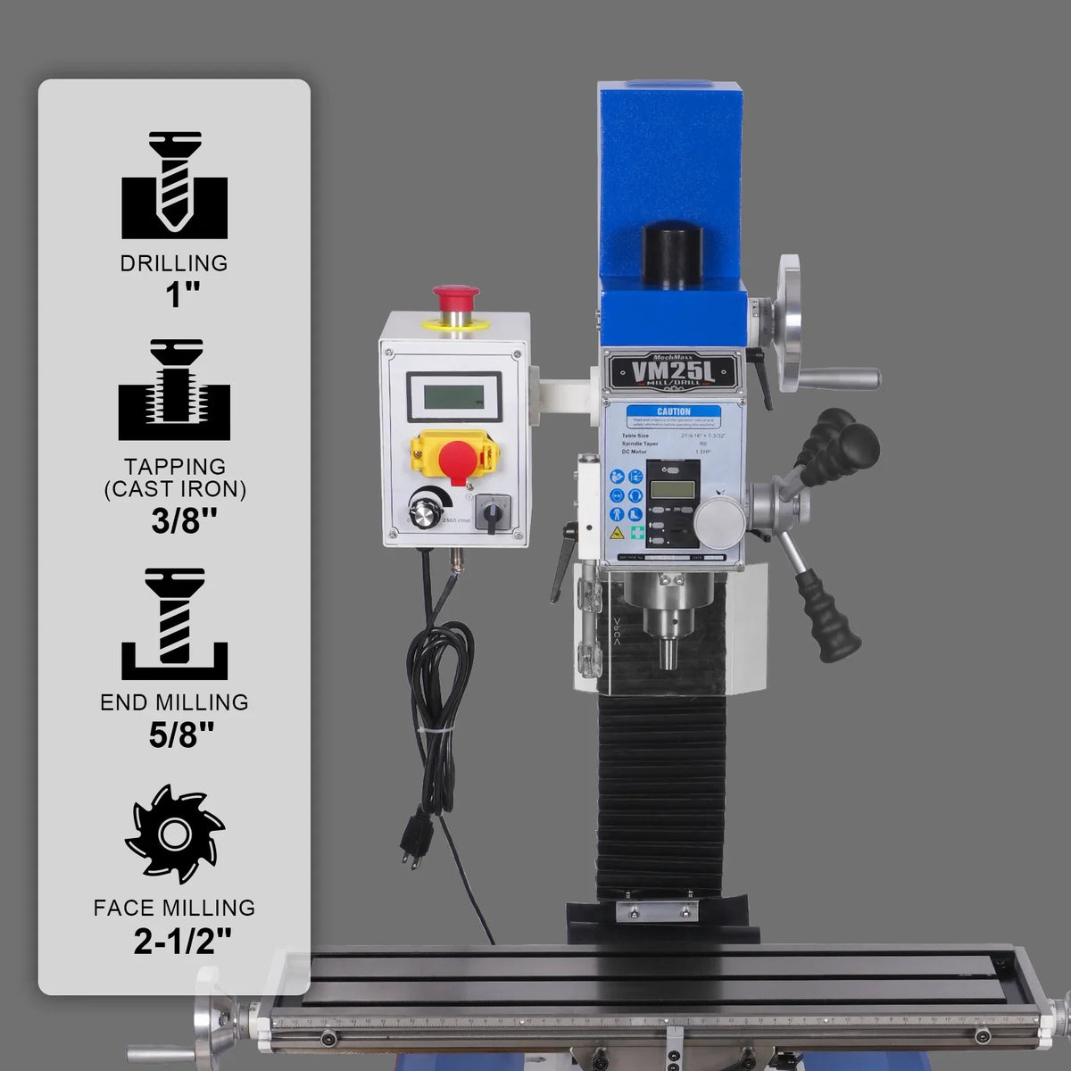 MechMaxx VM25L Mill Drill Machine 7" x 27-1/2" Benchtop Mini Variable Speed Brushless Motor R8 Spindle 1.5 HP 110V New