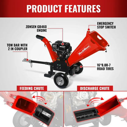 MechMaxx GS1500 Wood Chipper 5" Electric Start ZONSEN 459cc Gasoline Engine Powered New