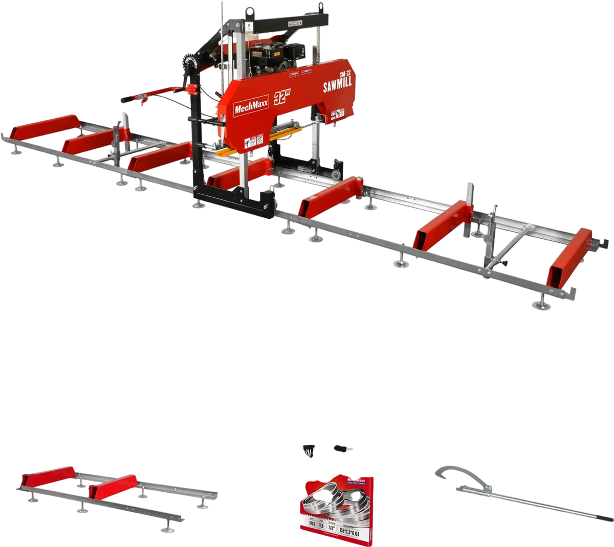 MechMaxx SM32 Portable Sawmill 32" 15 HP Electric Start Gasoline Engine 26.5" Board Width 20' Track New