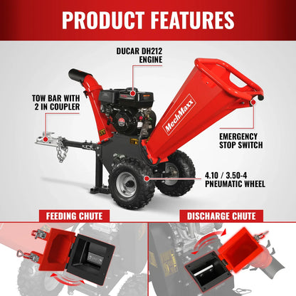 MechMaxx GS650 Wood Chipper 4" DUCAR 212cc 7HP Gas Engine Powered with Towbar New