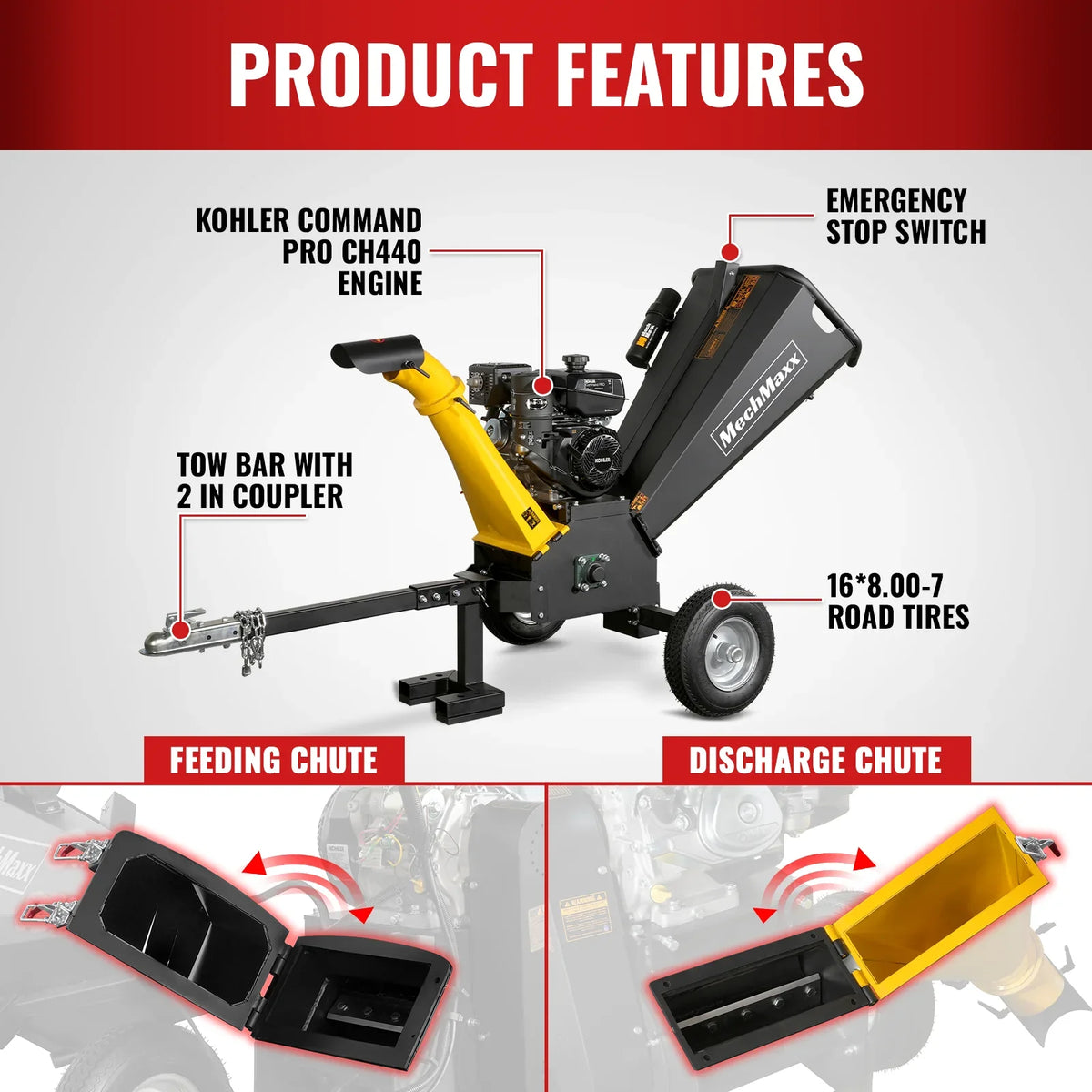 MechMaxx GS1500 Wood Chipper 5" Electric Start KOHLER 429cc Gasoline Engine Powered New